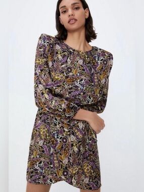 NWT ZARA Multicolored Printed Long Sleeve Mini Dress - Medium